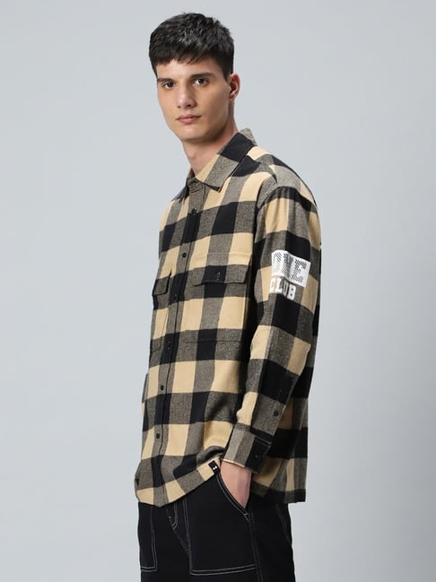 Bewakoof Men's Brown Black Run Checked Oversized Shirt