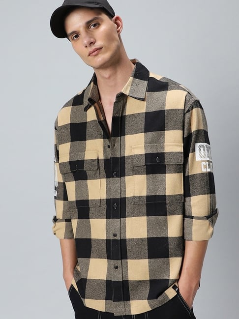 Bewakoof Men's Brown & Black Run Checked Oversized Shirt-picture-23
