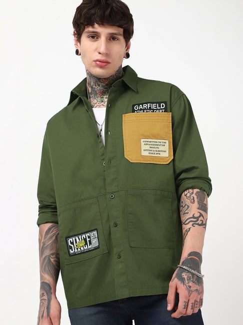 Bewakoof Men's Moss Green Batch Printed Oversized Shirt-picture-22