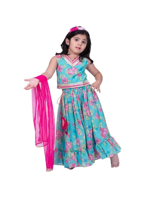 Twisha Girls Sea Green Regular Fit Printed Lehenga Choli
