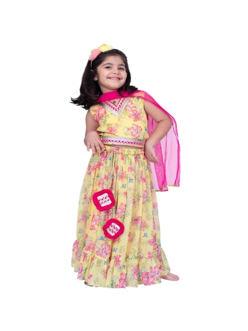 Twisha Girls Yellow Regular Fit Printed Lehenga Choli