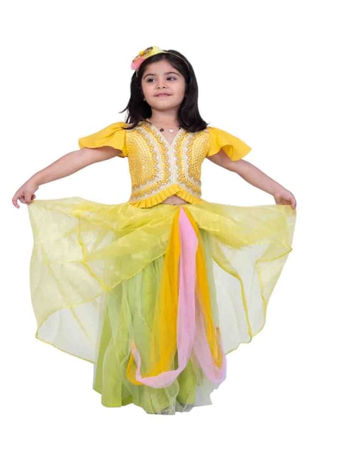 Twisha Girls Mustard & Lime Green Regular Fit Embellished Lehenga Choli