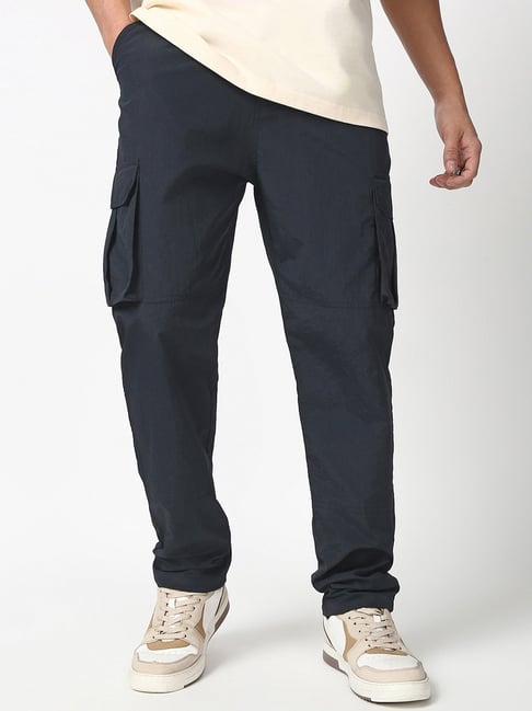 Bewakoof Men's Navy Blue Cargo Nylon Parachute Pant