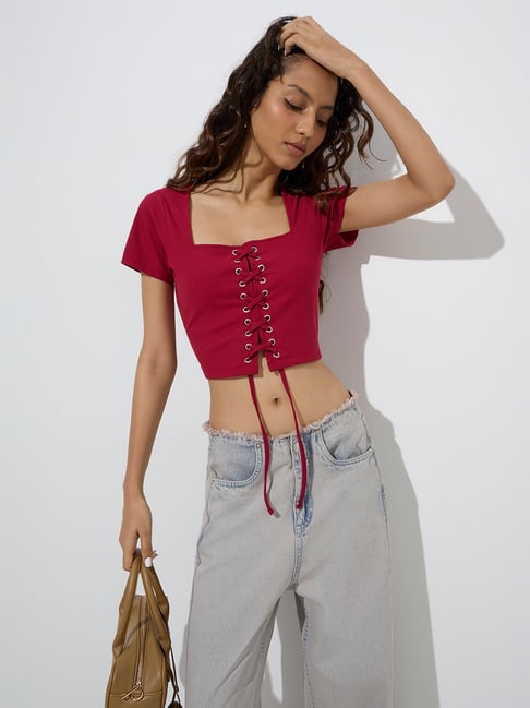 Nuon by Westside Red Criss-Cross Detailed Ribbed Top