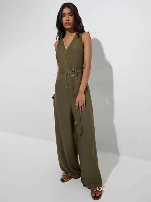 LOV by Westside Olive Solid Linen-Blend Jumpsuit with Belt