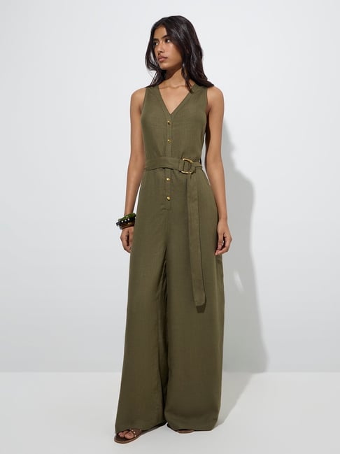 LOV by Westside Olive Solid Linen-Blend Jumpsuit with Belt