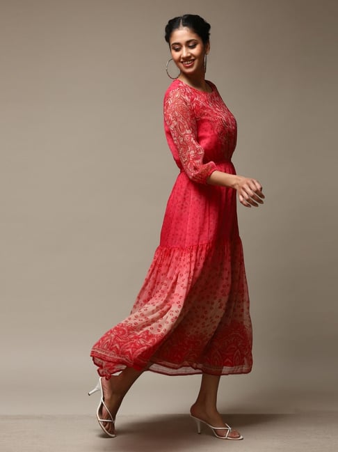 Biba Red Regular Fit Printed Dress
