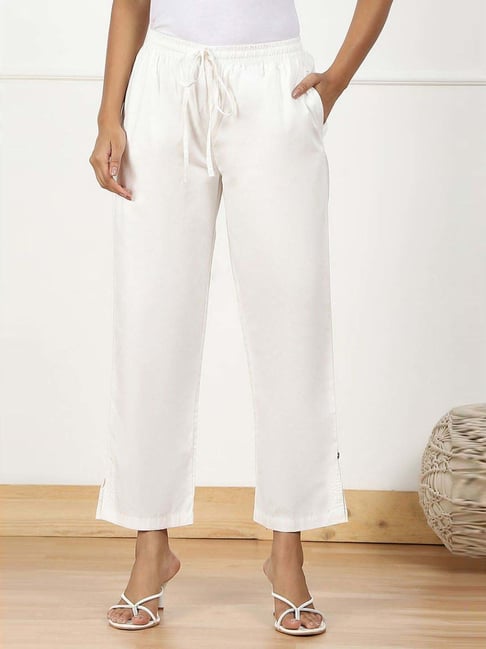 Biba Off White Cotton Straight Fit Pants