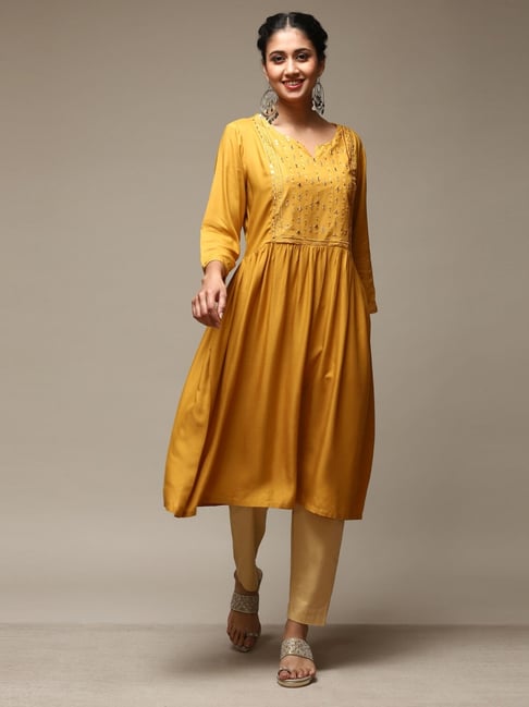 Biba Yellow Flared Fit Embroidered Kurta-picture-29