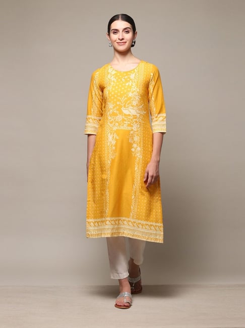 Biba Yellow Cotton Straight Fit Printed Kurta-picture-48