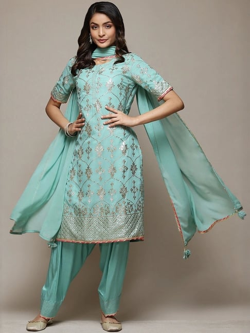 Biba Turquoise Straight Fit Embroidered Salwar Suit Set
