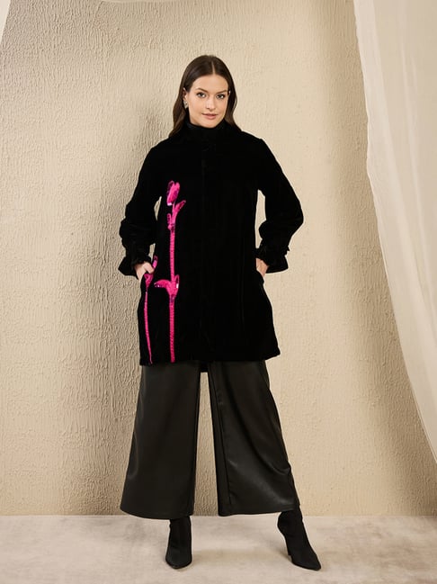 First Resort By Ramola Bachchan Black And Pink Applique Embroidered Relaxed Fit Jacket-picture-16