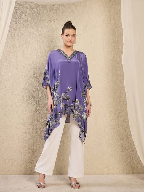 First Resort By Ramola Bachchan Light Purple Floral Embellished Loose fit Kaftan-picture-14