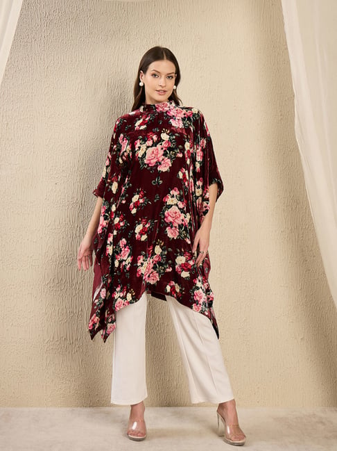 First Resort By Ramola Bachchan Maroon And Pink Crystal Studded Floral Relaxed Fit Kaftan Top-picture-10