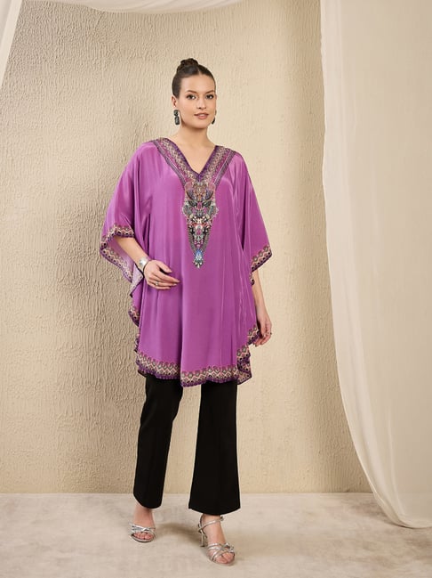 First Resort By Ramola Bachchan Lilac Apple Cut Embellished Regular Fit Tunic Top-picture-36