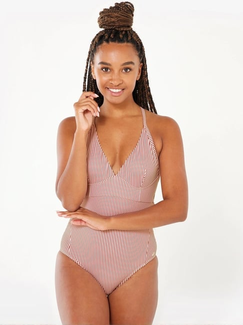 Olaian By Decathlon Bea Red & White Regular Fit Striped Swimwear