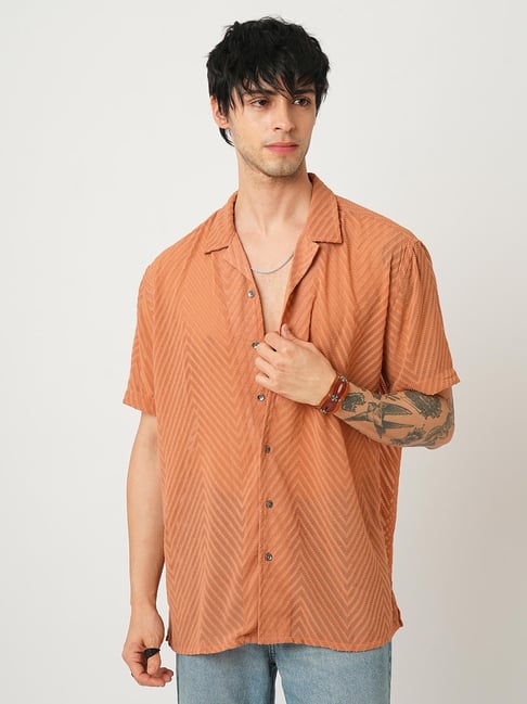 VASTRADO Core Fashion Orange Textured Oversized Shirt