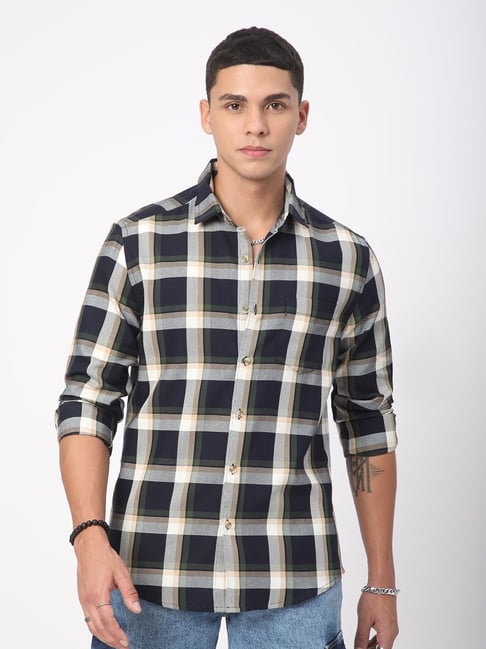 VASTRADO Core Fashion Navy Blue Regular Fit Checks Shirt-picture-19