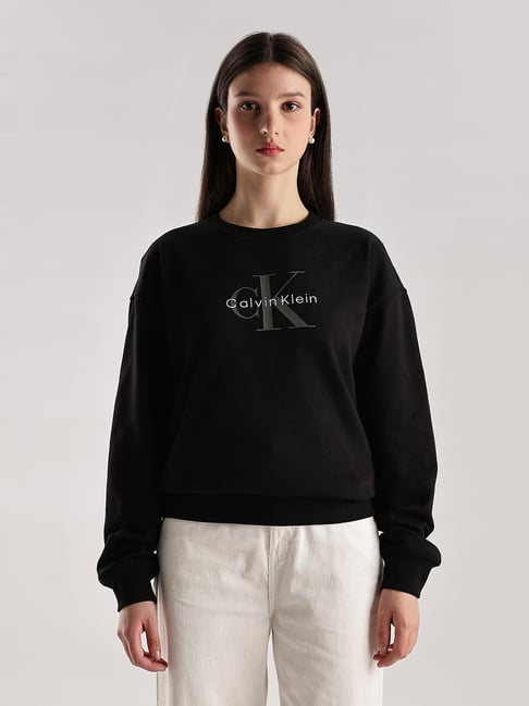 Calvin Klein Black Cotton Logo Printed Long Sleeves Sweatshirt