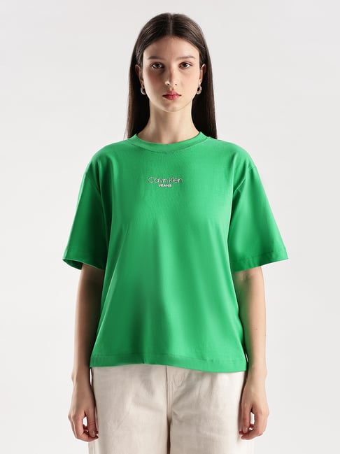 Calvin Klein Green Cotton Solid Short Sleeves T-Shirt