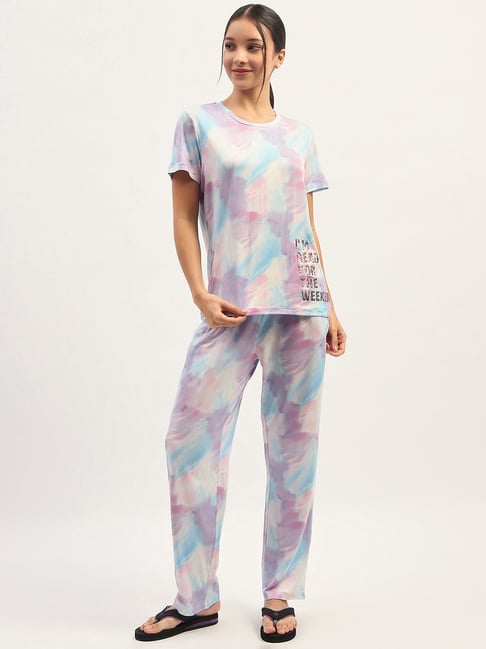 Madame M Secret Mauve Cotton Tie - Dye Night Suit-image-17