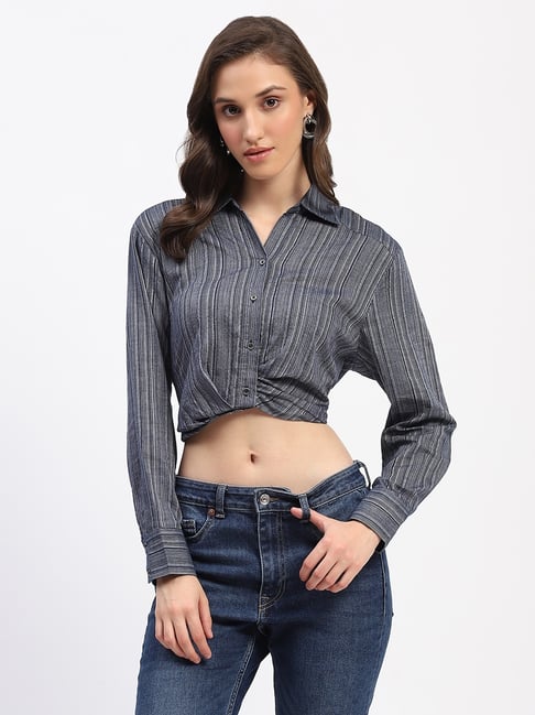 MADAME Mauve Polyester Regular Fit Stripes Shirt-image-6