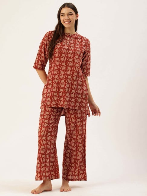 Clt.S Maroon Cotton Regular Fit Printed Pyjamas Set-picture-29