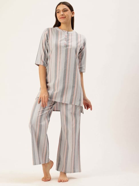 Grey Cotton Regular Fit Striped Pyjamas Set
