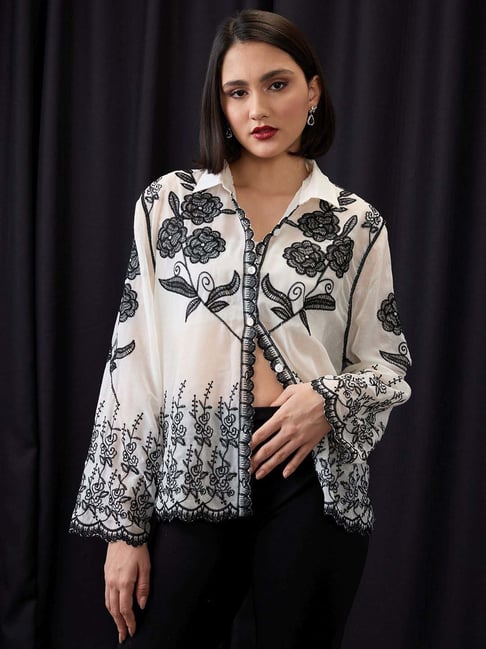 Globus Black & Off White Relaxed Fit Embroidered Shirt-picture-32