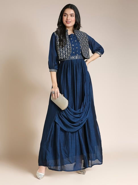 MADHURAM Navy Regular Fit Embroidered Gown with Jacket