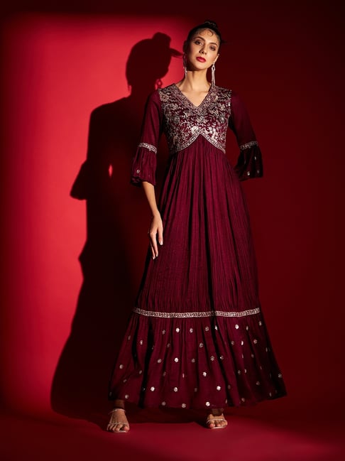 MADHURAM Maroon Regular Fit Embroidered Gown