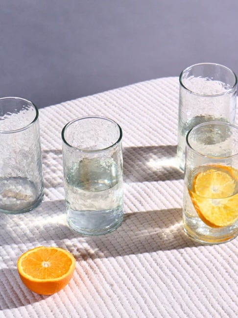Muun Home Transparent Hand Blown Textured Hammered Only Glasses - Set of 4 (500 ml)