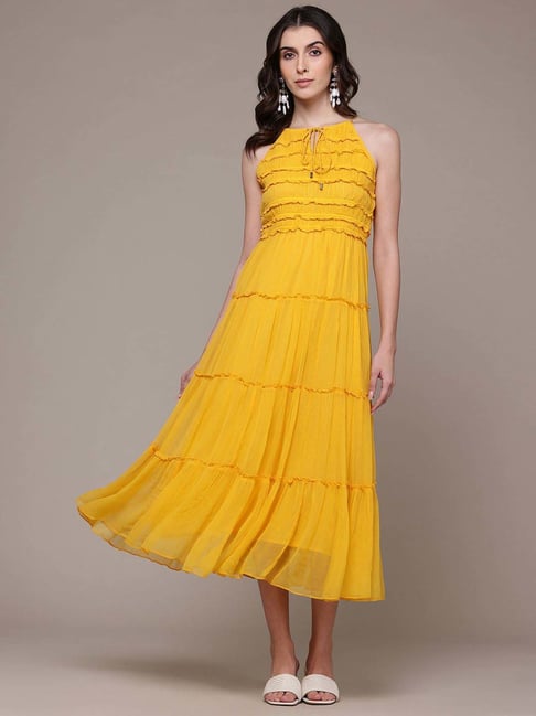 slim fit dress slacks Mustard Flutter Sleeve Dress