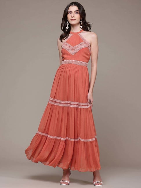 open lace back dress Aarke Ritu Kumar Orange Floral Print Long Dress