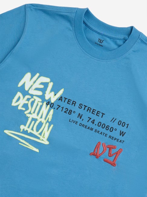 Y&F Kids by Westside Blue Typographic Cotton T-Shirt