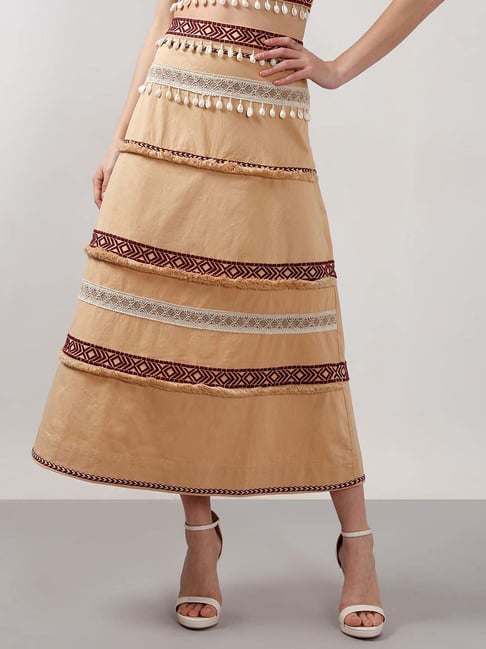 Vero Moda Beige Cotton Flared Fit Self Pattern Skirt-image-3