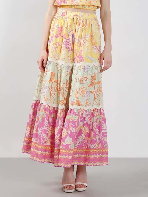 Vero Moda Purple & Yellow Cotton Flared Fit Floral Print Skirt-image-10