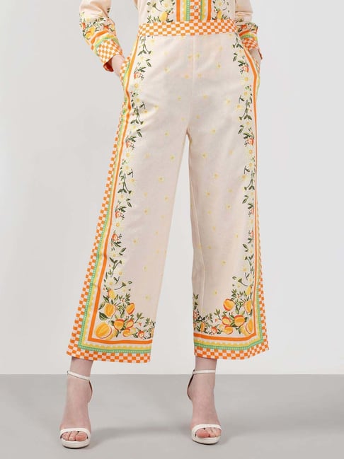 Vero Moda Off White & Yellow Cotton Straight Fit Floral Print Trousers-picture-23