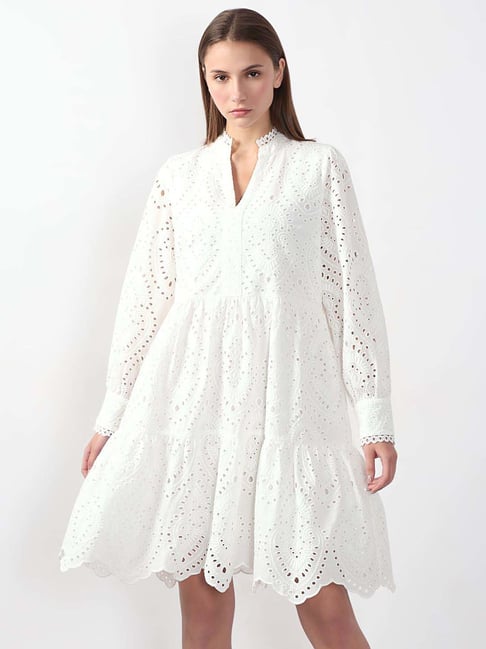 Vero Moda White Cotton Flare Fit Embroidered Dress