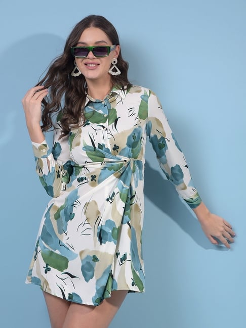 Crimsoune Club Green Polyester Printed Mini Dress
