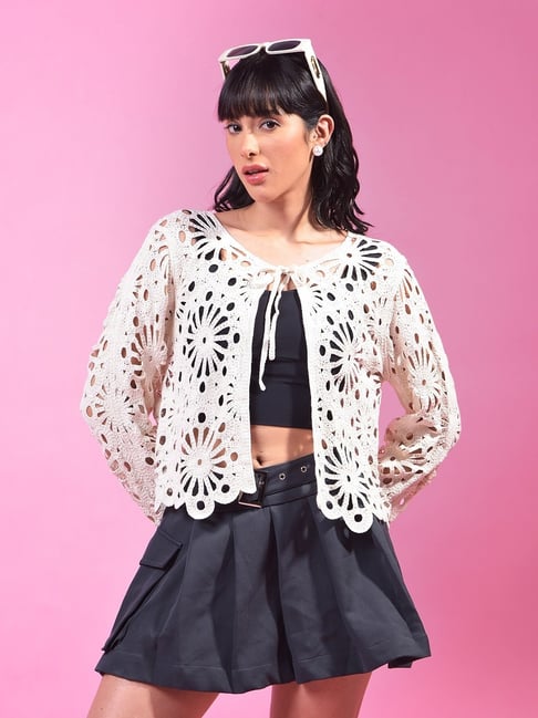 Crimsoune Club White Cotton Self Design Shrug