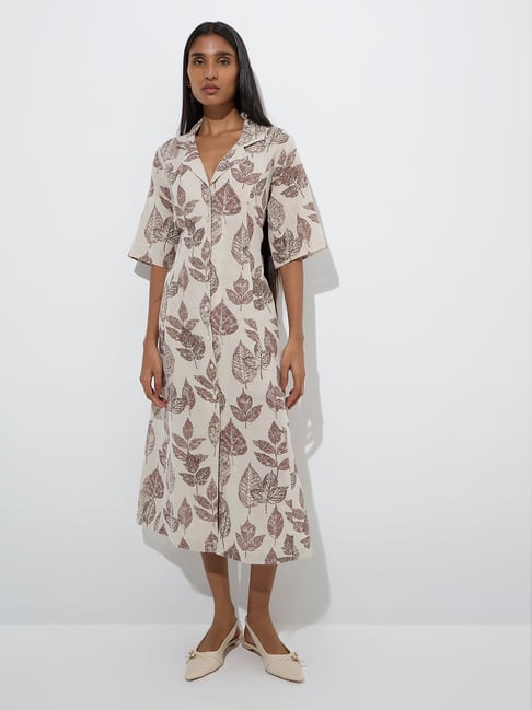 Zuba by Westside Beige Leaf Design Linen-Blend Shirt Dress