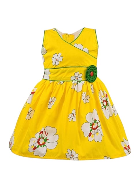 Wish Karo Girls Yellow Cotton Floral Frock