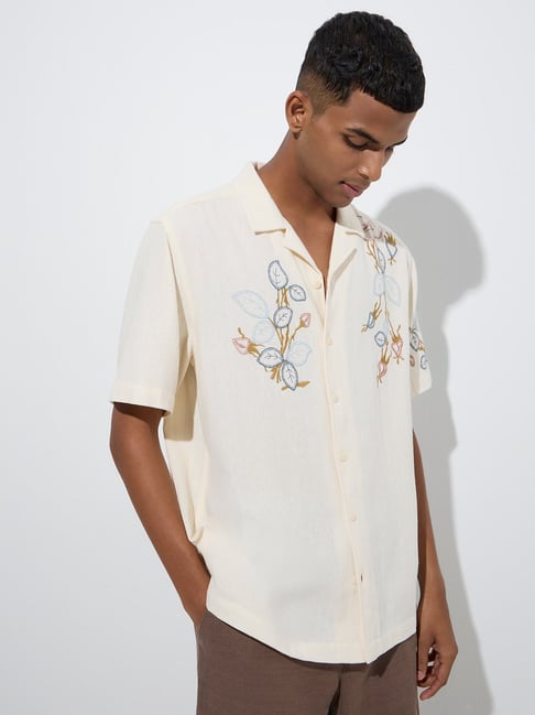 ETA by Westside Cream Embroidered Relaxed-Fit Cotton Shirt-picture-21