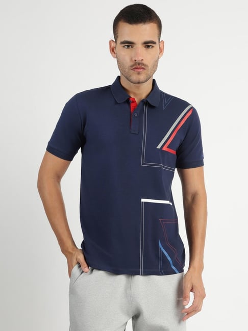 Reebok Navy Regular Fit Print Polo T-Shirt