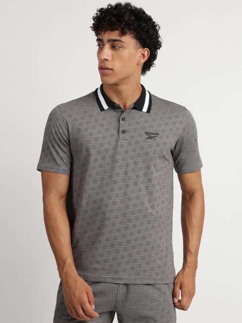 Reebok Grey Regular Fit Print Polo T-Shirt