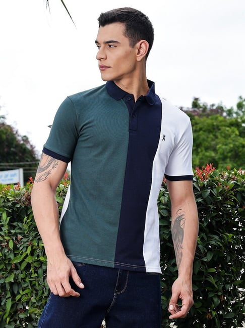 Thomas Scott Bottle Green Cotton-Poly Blend Regular Fit Color Block Polo T-Shirt