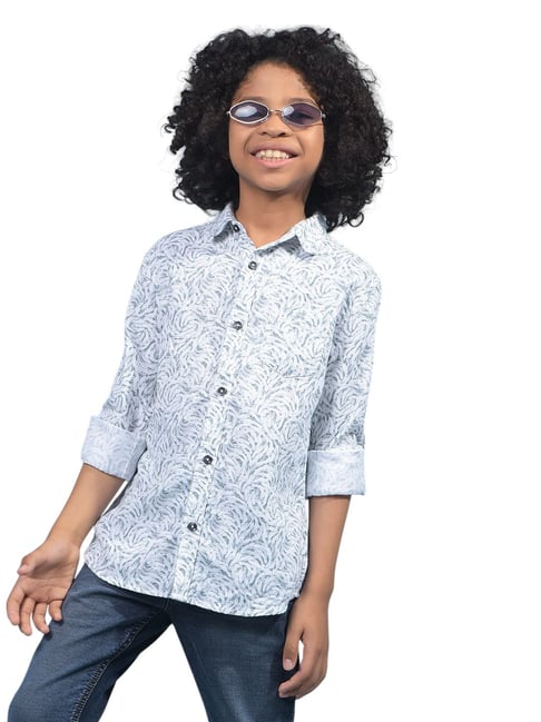 Crimsoune Club Boys Grey Cotton Slim Fit Floral Print Shirt-picture-26