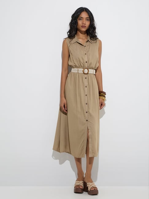 LOV by Westside Khaki Solid Linen Shirt Dress with Belt