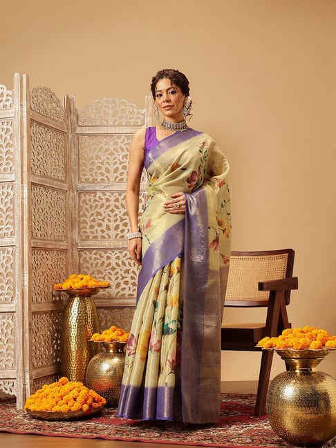 Silk Land Beige Tissue Silk Floral Printed Saree with Blouse Piece-picture-36